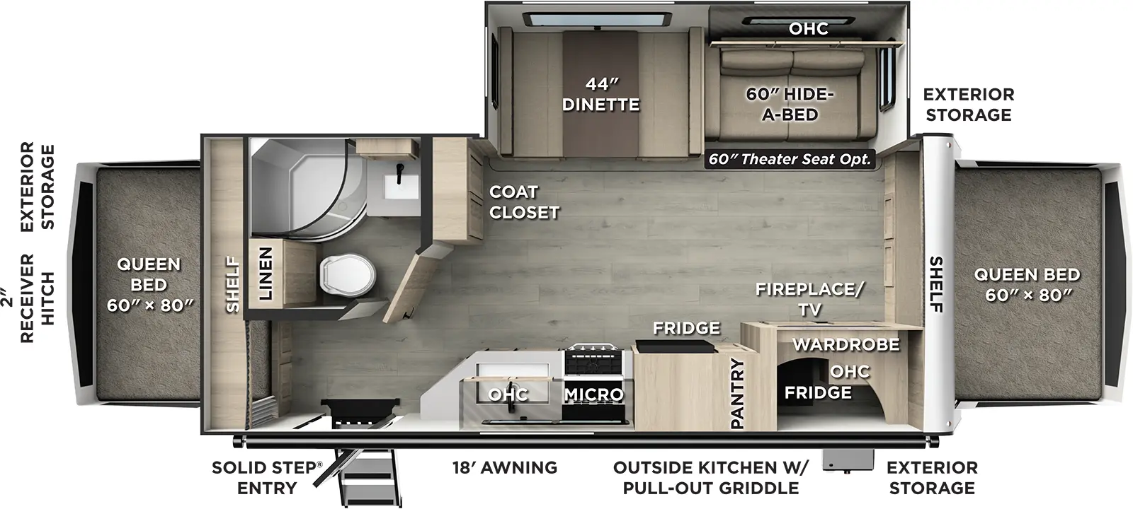 The Flagstaff Shamrock 235S floorplan has one entry and one slide out. Exterior features include: fiberglass exterior, 18' awning and outside kitchen. 